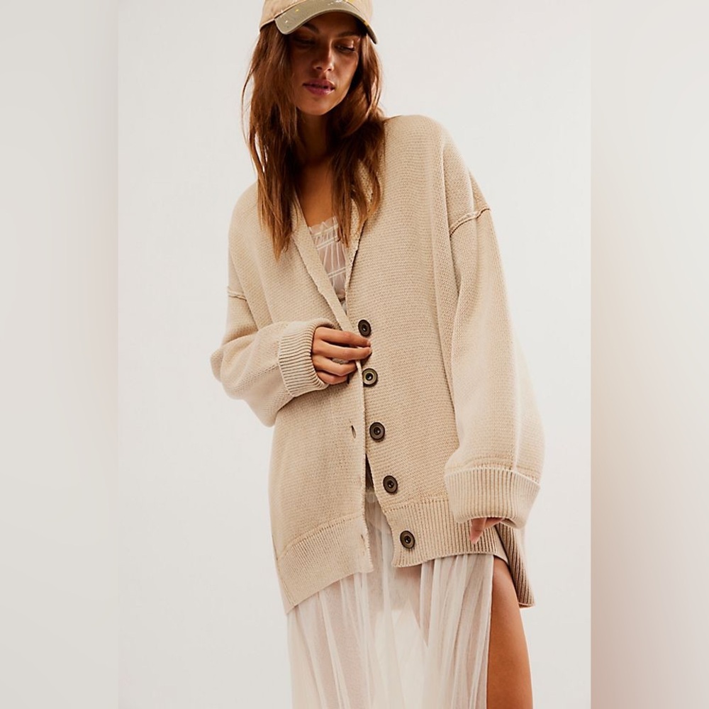 Free People Beige Oversized Button-Up Cardigan